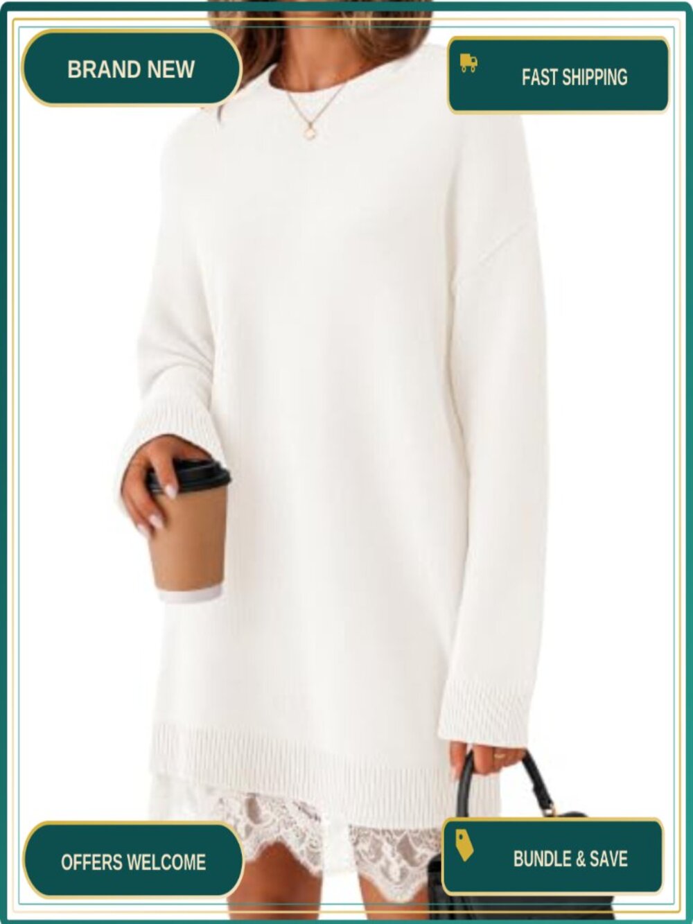 Women's Long Sleeve Lace Oversized Casual Knit Sweater Dress